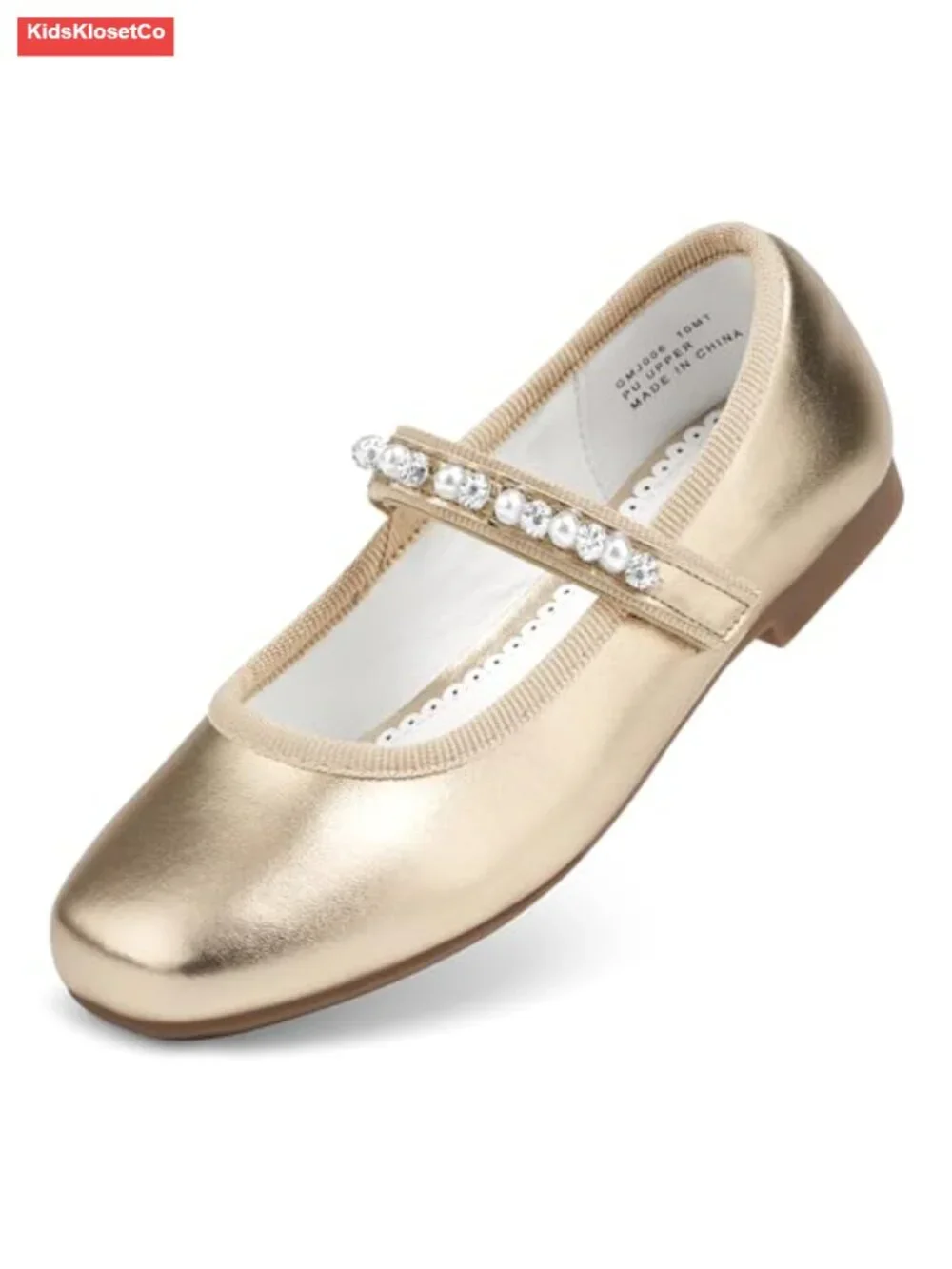 Girls Beaded Mary Jane Flats, Hook-and-Loop Strap, Cushioned Insole, Flexible